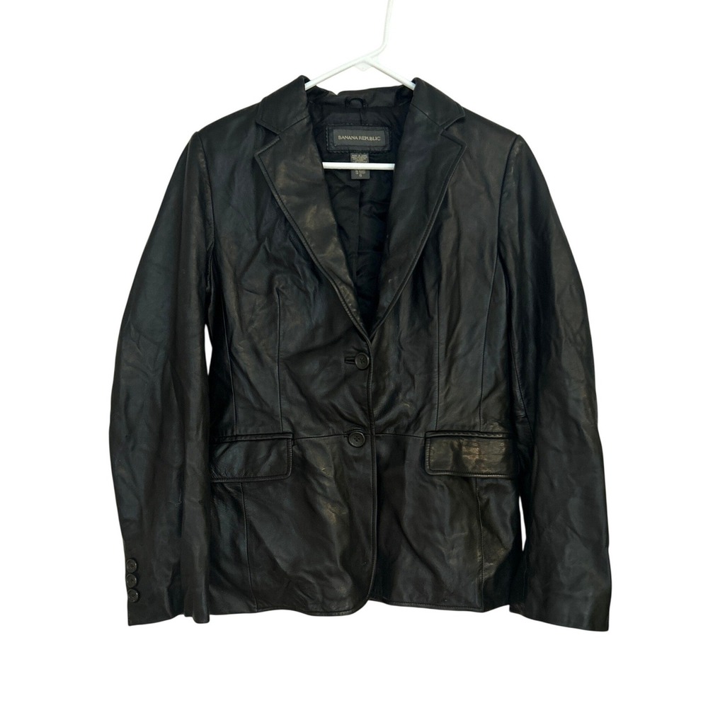 Banana Republic Womens Black Genuine Leather Blazer Two Button Jacket‎ Size 8